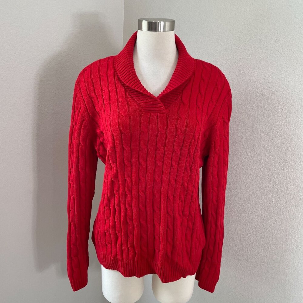 Chaps Womens XL Red Cable‎ Knit Sweater Cotton Shawl Collar Long Sleeve